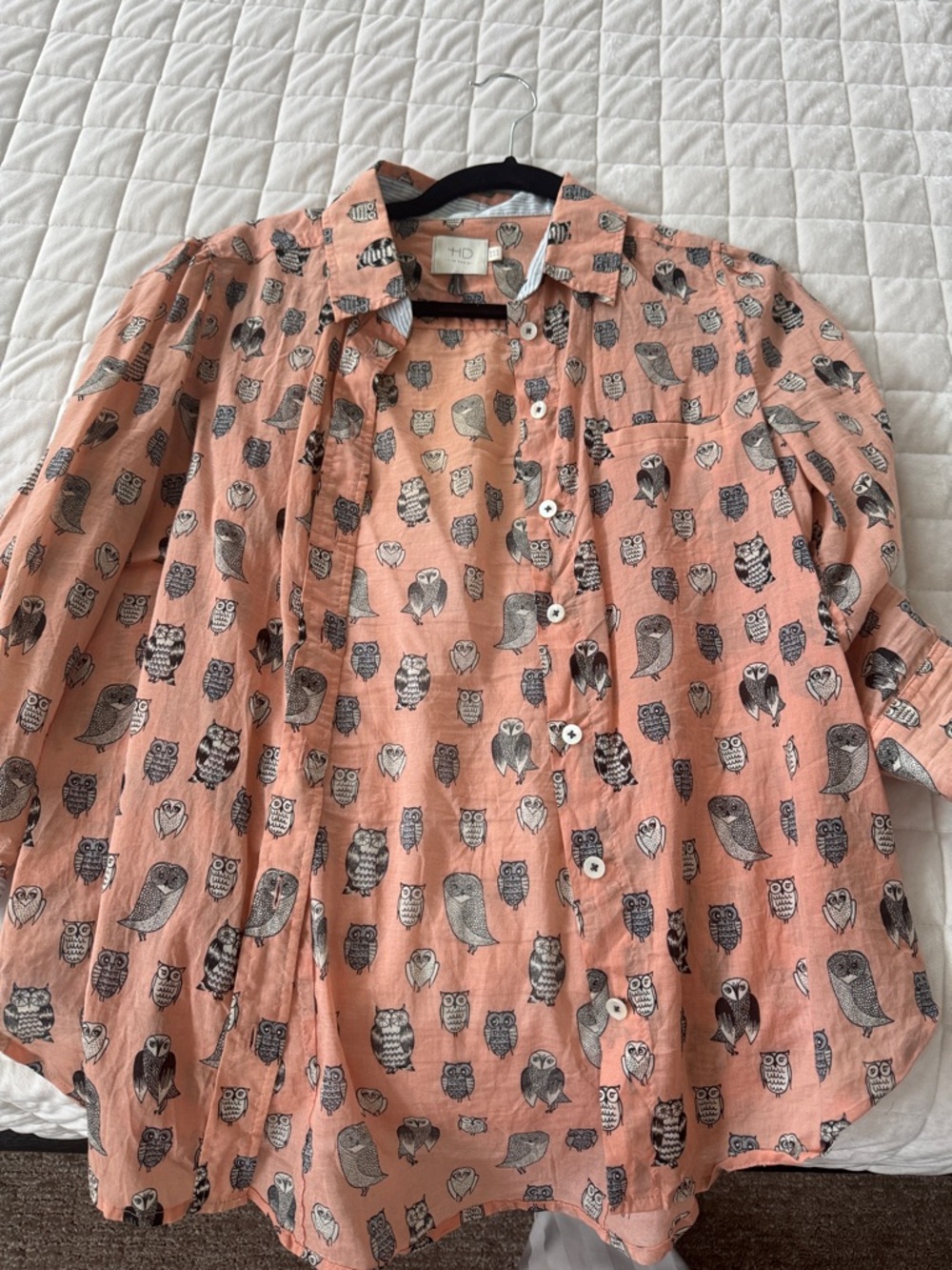 HD in Paris Peach Owl-Print Button-Up Blouse